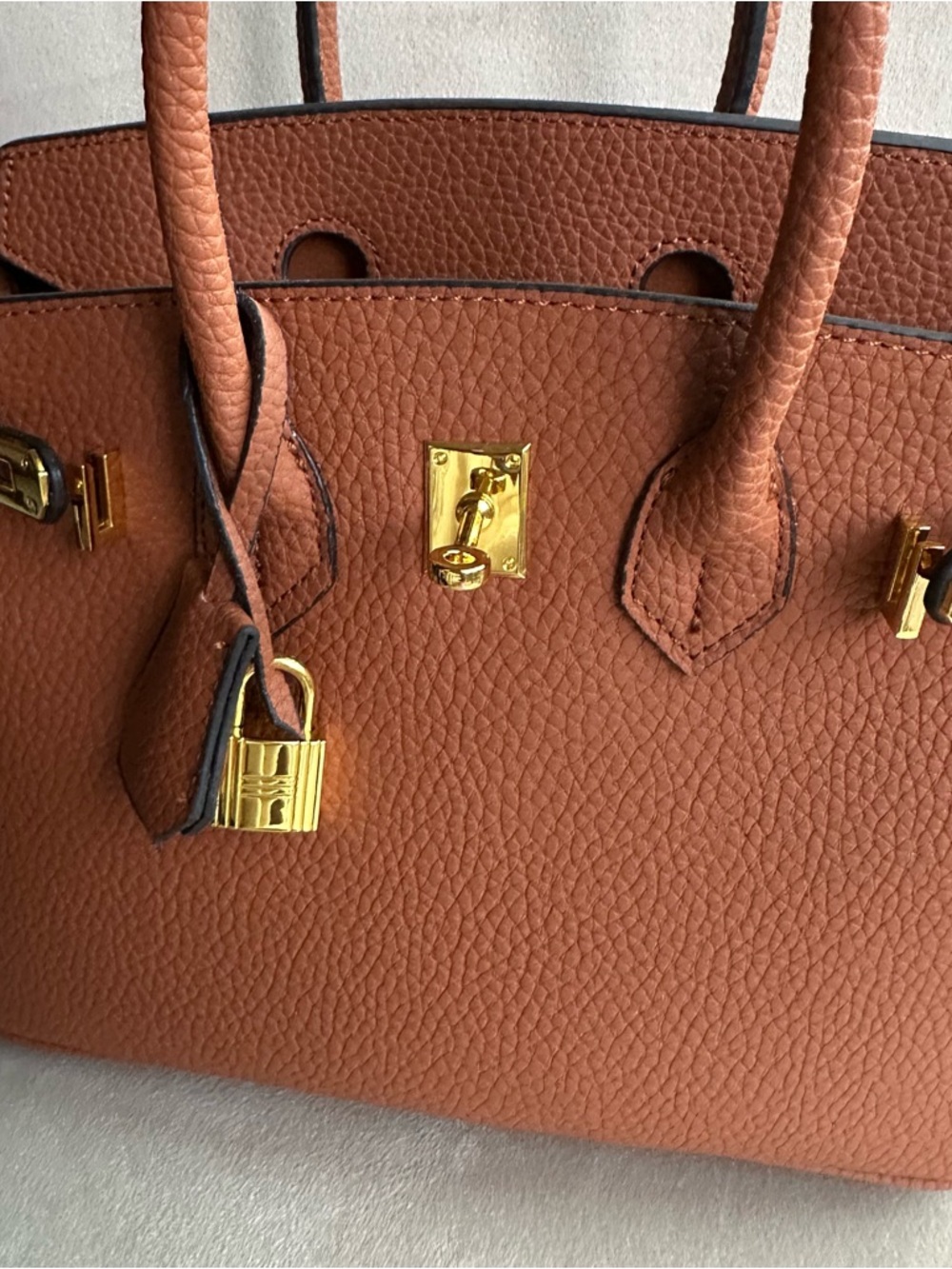 Caramel Structured Top Handle Bag | Gold Hardware | Chic Classic Style - Picture 17 of 17